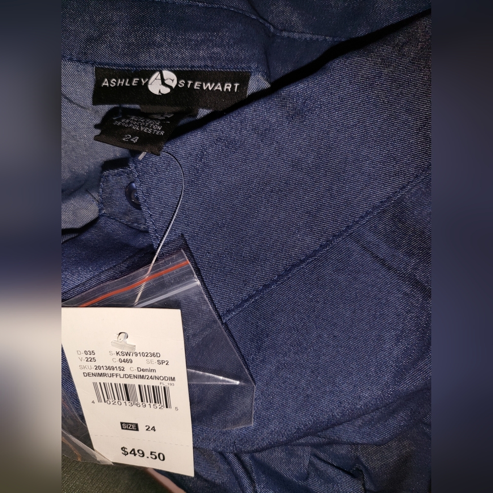 NWT SIZE 24 (3X) ASHLEY STEWART Ruffled Denim Shirt - Picture 5 of 6
